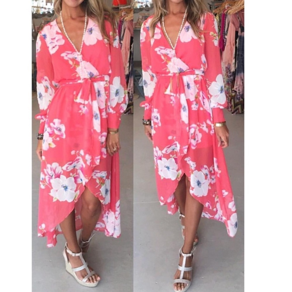 Coral floral V-neck long sleeve dress